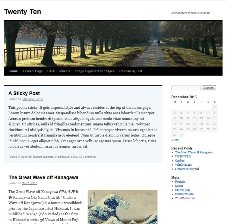 wordpress standard theme twenty ten