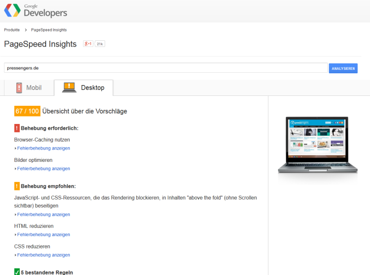Google PageSpeed Insights zeigt uns Potential bei der Optimierung von Pressengers.de