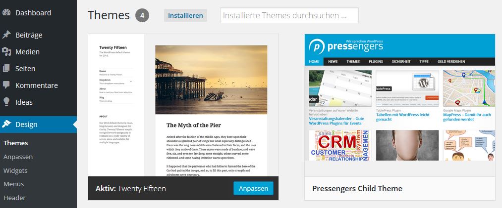 Das selbst erstellte Pressengers Child Theme im WordPress Backend