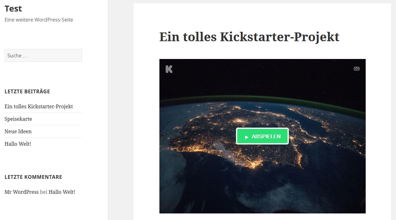Ein in WordPress eingebettetes Kickstarter-Video kann direkt abgespielt werden