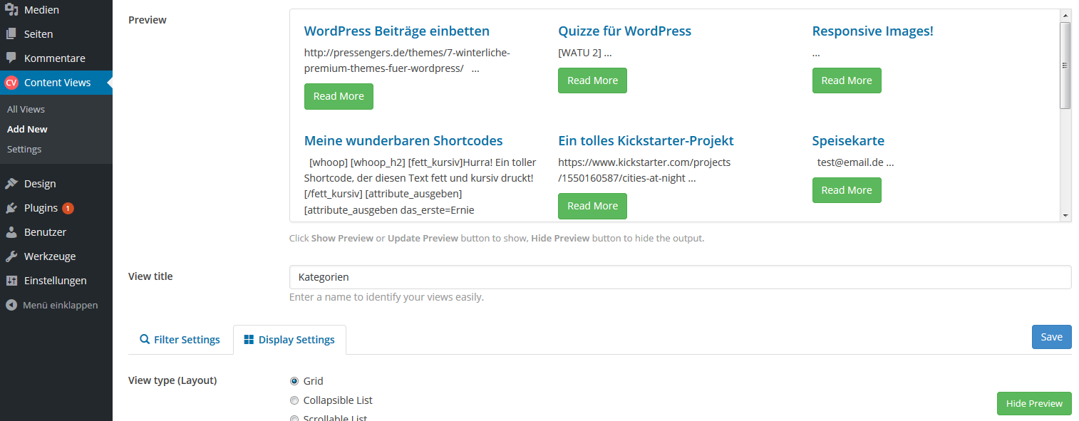 Vorschau im WordPress Plugin Content Views
