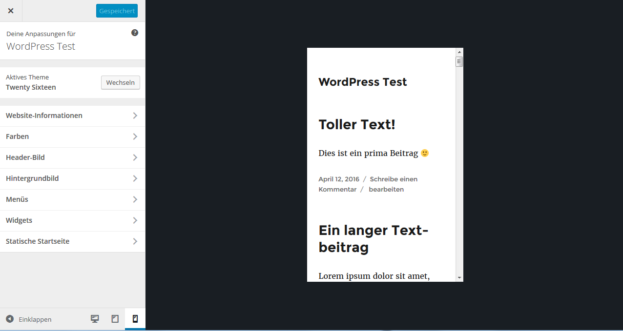 WordPress 4.5 responsive Vorschau
