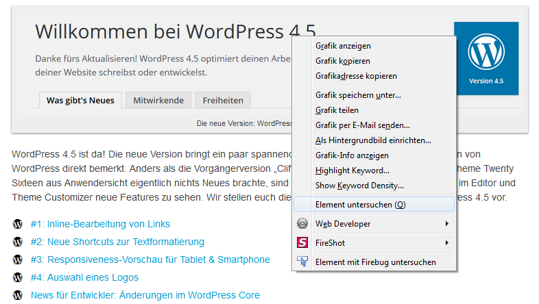 WordPress Bild mit Rechtsklick in Firefox untersuchen