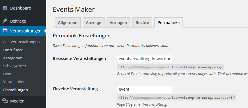 Permalink-Einstellungen des WordPress Plugins Events Maker