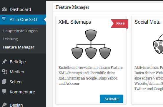 Im Feature Manager von All in One SEO muss XML Sitemaps aktiviert werden